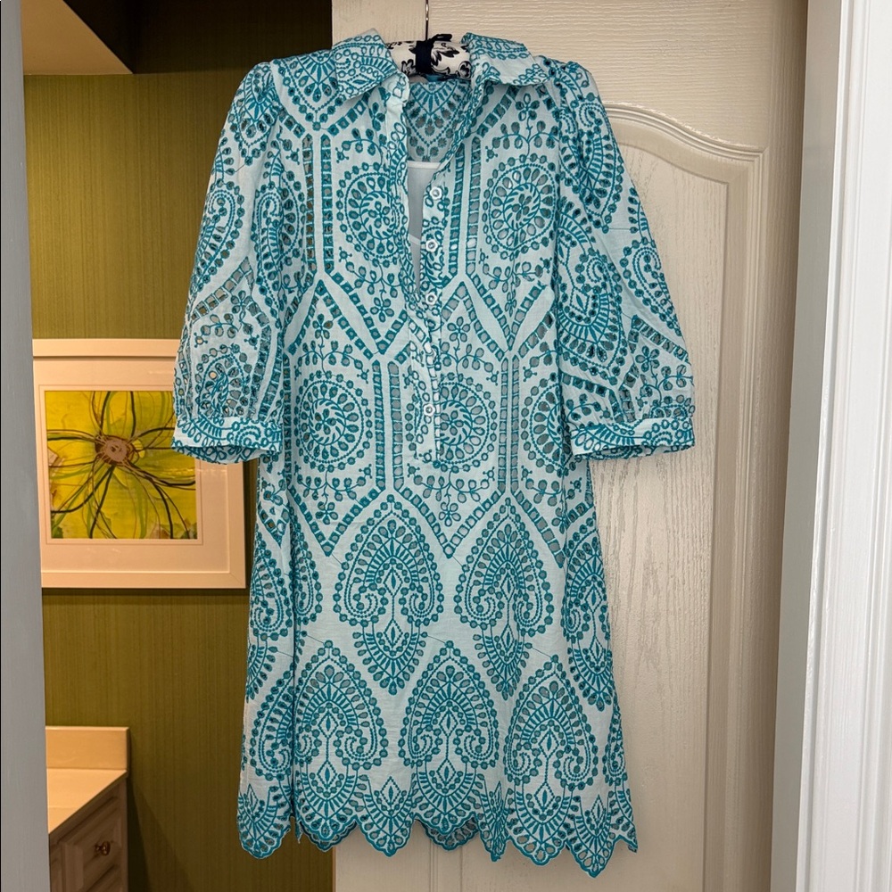 Turquoise Embroidered Shift Dress